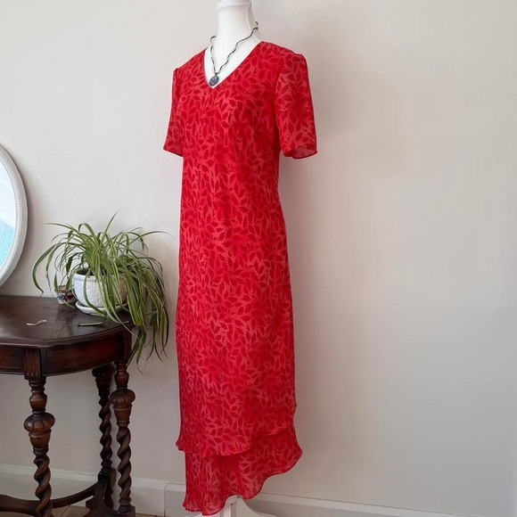 Vintage floral tiered maxidress orange red womens sz 12 cap sleeves fairycore - Picture 3 of 7
